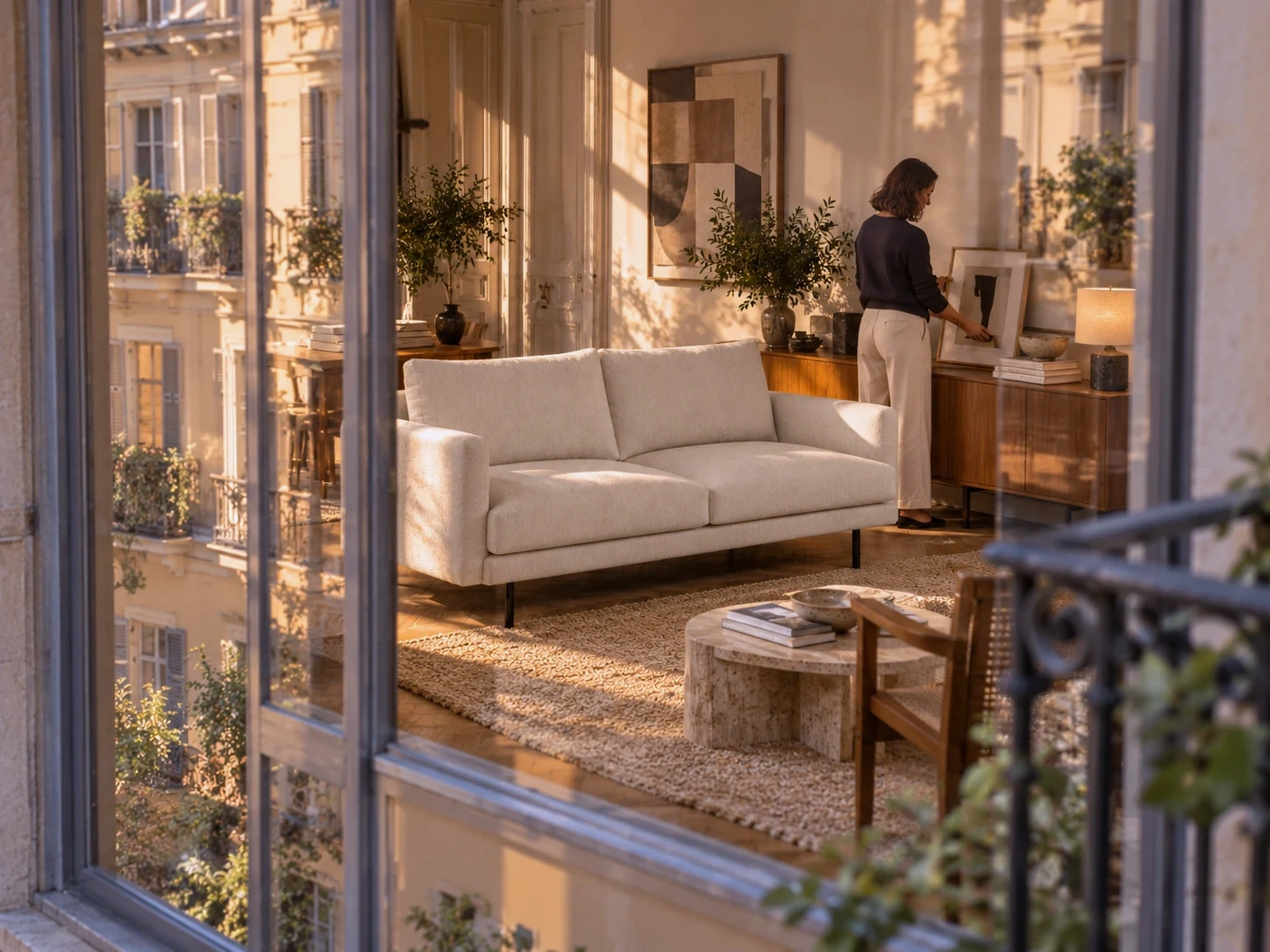 City Sofa Reflections AI visualisation: a cream-beige BRERA sofa and a person arranging a print behind a window reflecting Milanese fa&ccedil;ades