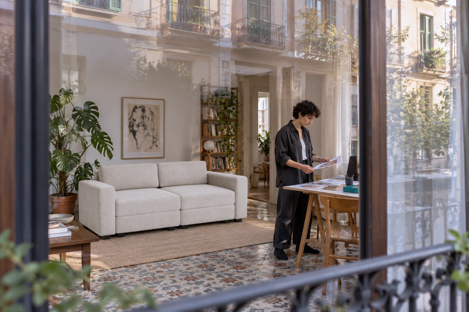 GR&Agrave;CIA modular sofa in a Barcelona studio; a person looks at illustrations, with city facades beyond the glass