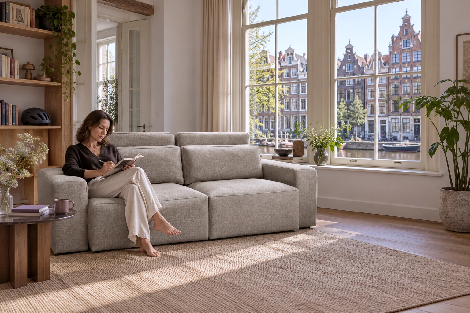 A woman reads on a cream JORDAAN sofa in an apartment overlooking an Amsterdam canal; AI visualization