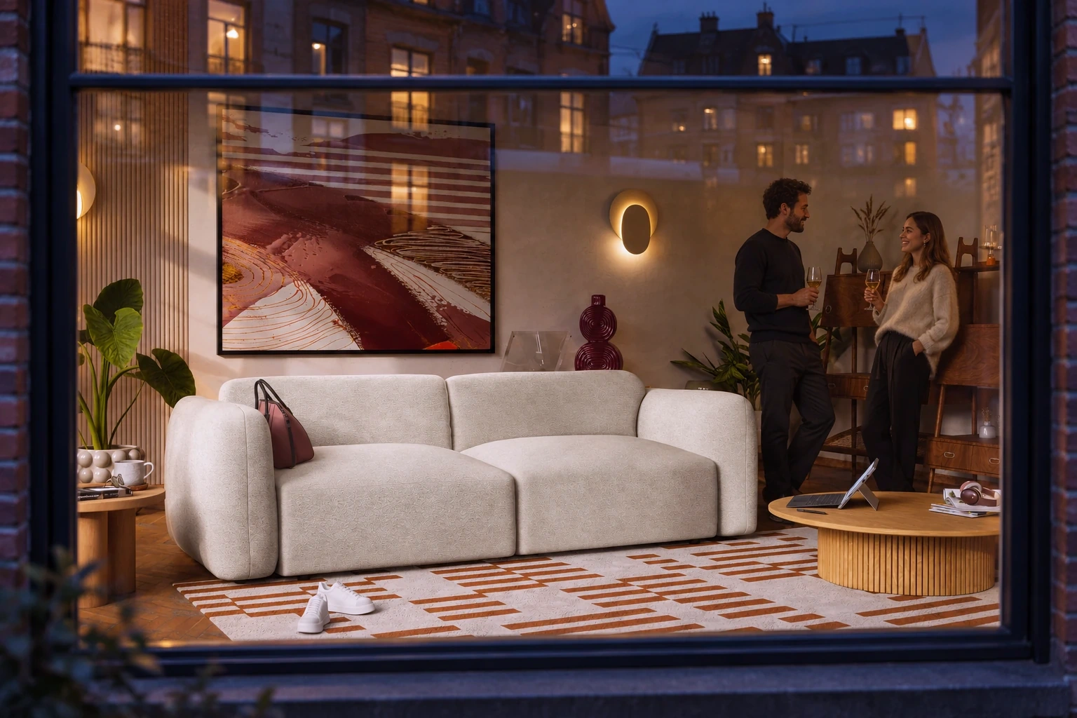 City Sofa Reflections visualisation: beige N&Oslash;RREBRO sofa and two adults seen through a large mullioned window reflecting Copenhagen townhouses