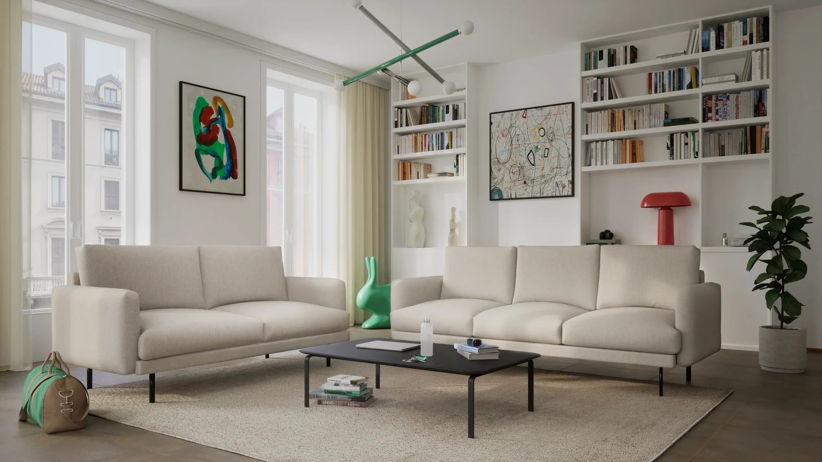 Cream-beige BRERA three- and four-seater sofas in Rosario 451 in an interior with framed prints