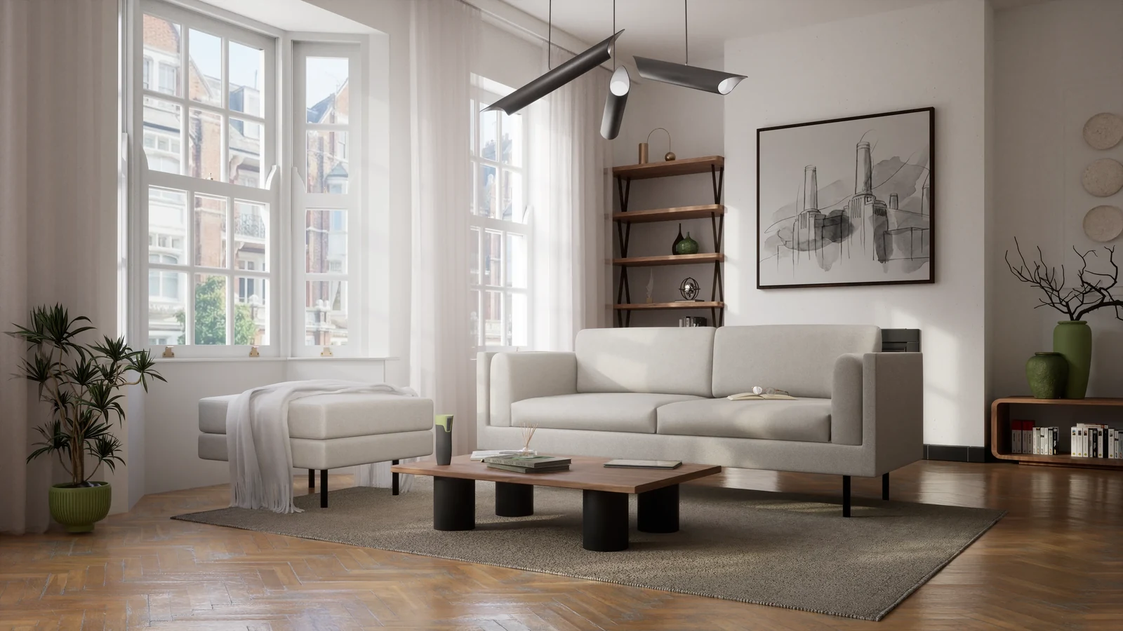 Cream CHELSEA 3-seater sofa with a matching pouf in an interior setting