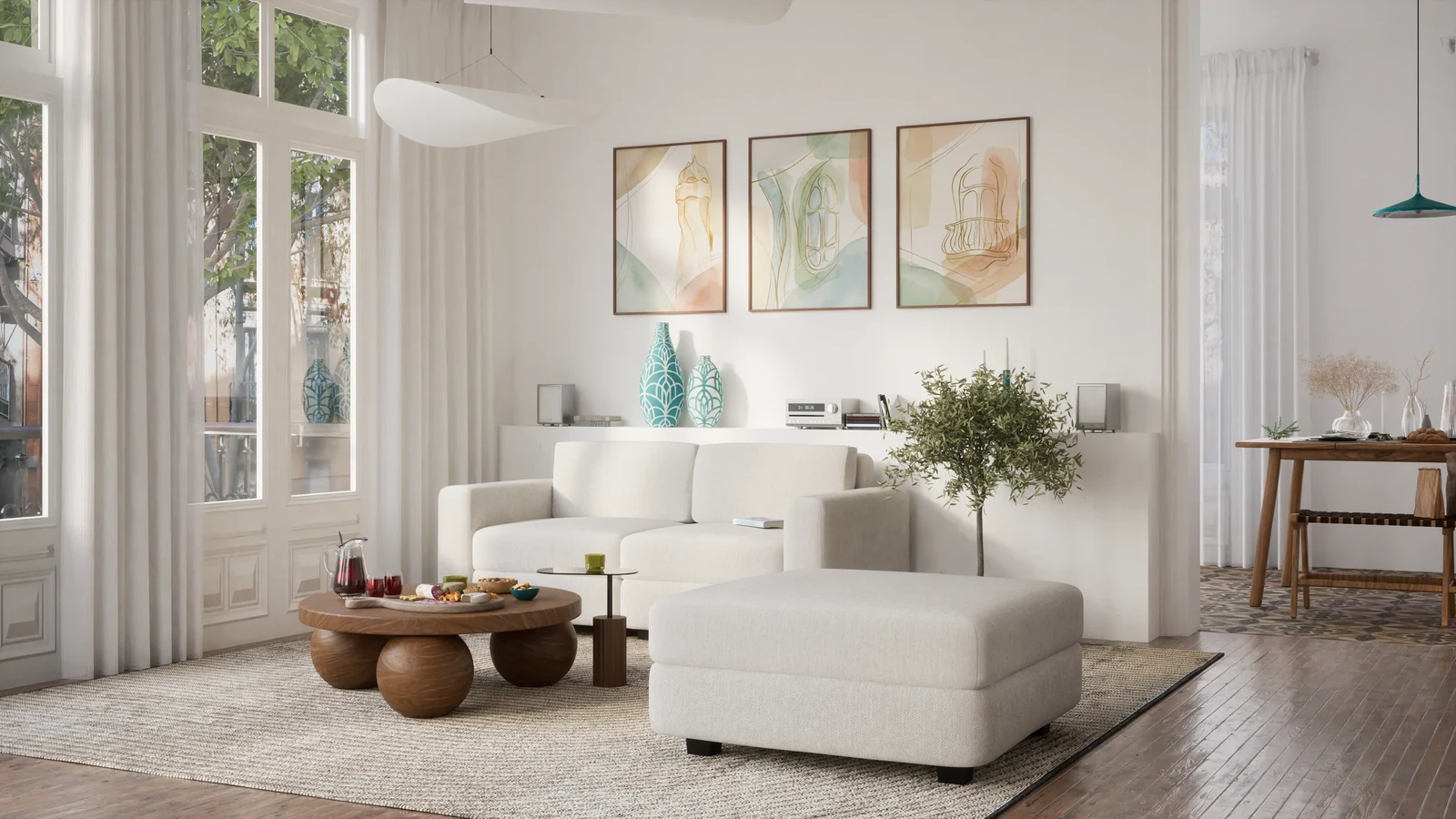 Cream-beige GR&Agrave;CIA modular sofa, end module and large pouf in Rosario 451